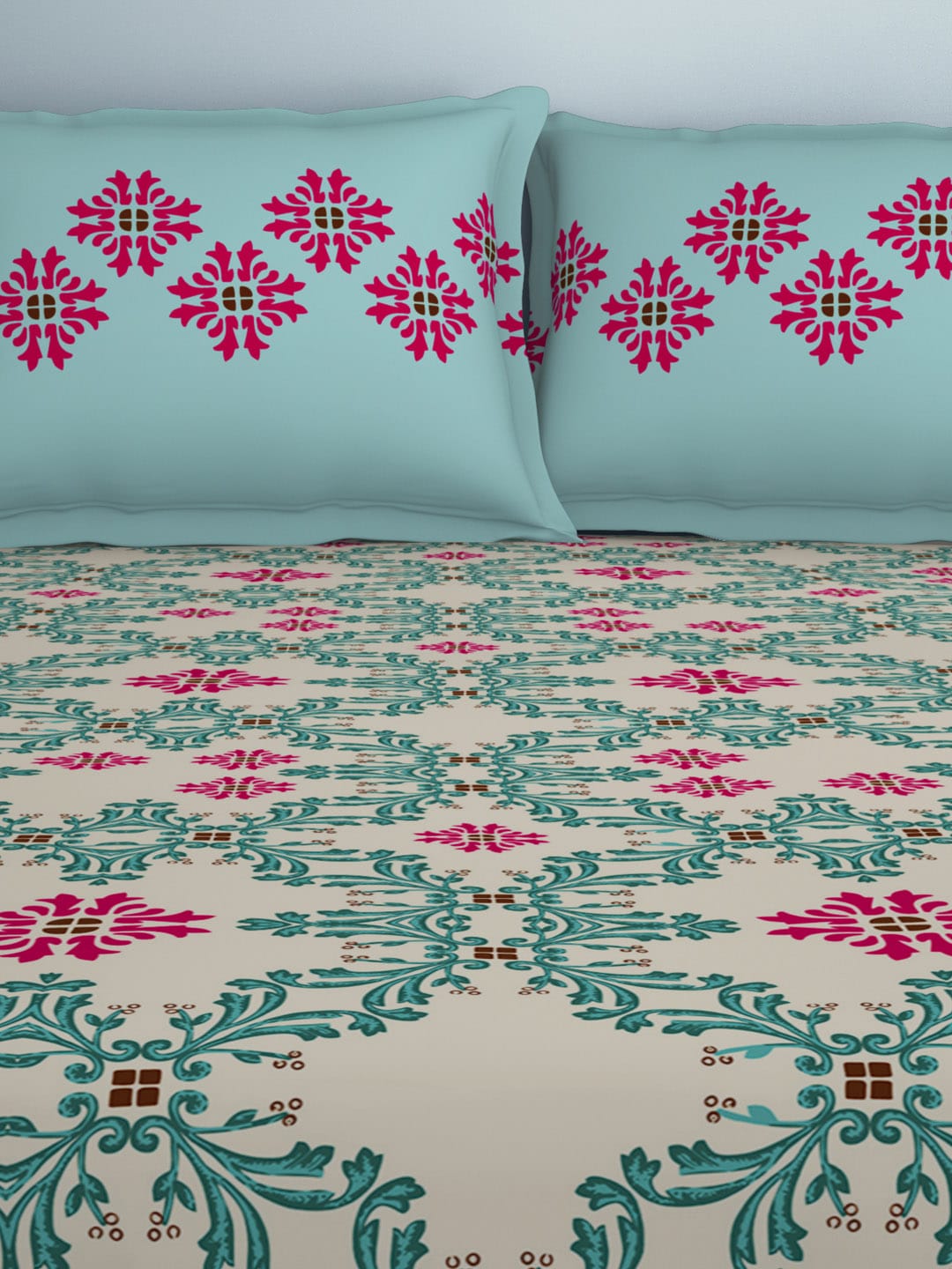 SPACES Aurum Blue Ethnic Motifs Pure Cotton 140 TC Queen Bedsheet With 2 Pillow Covers | Grocsy