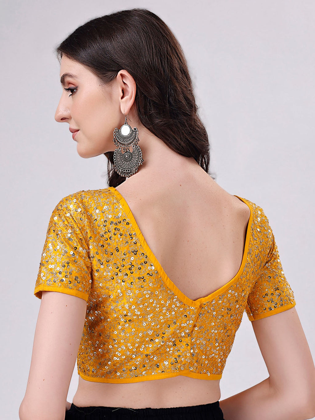Tikhi Imli Yellow Embellished Boat Neck Sequinned Detailed Saree Blouse | Grocsy
