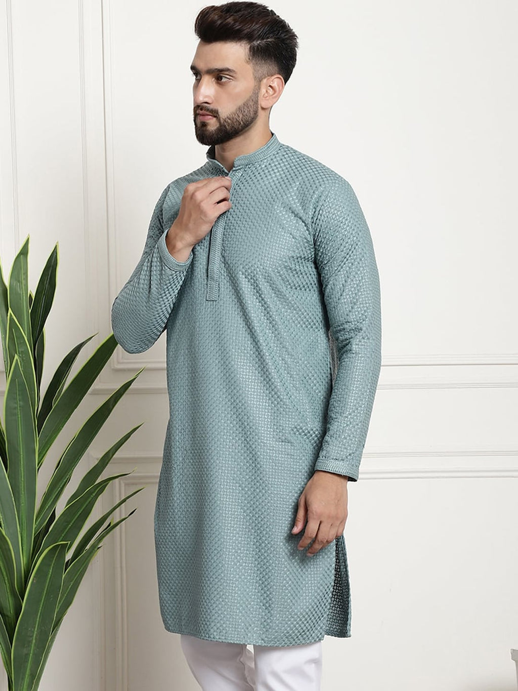 Sojanya Woven Design Mandarin Collar Straight Cotton Kurta | Grocsy