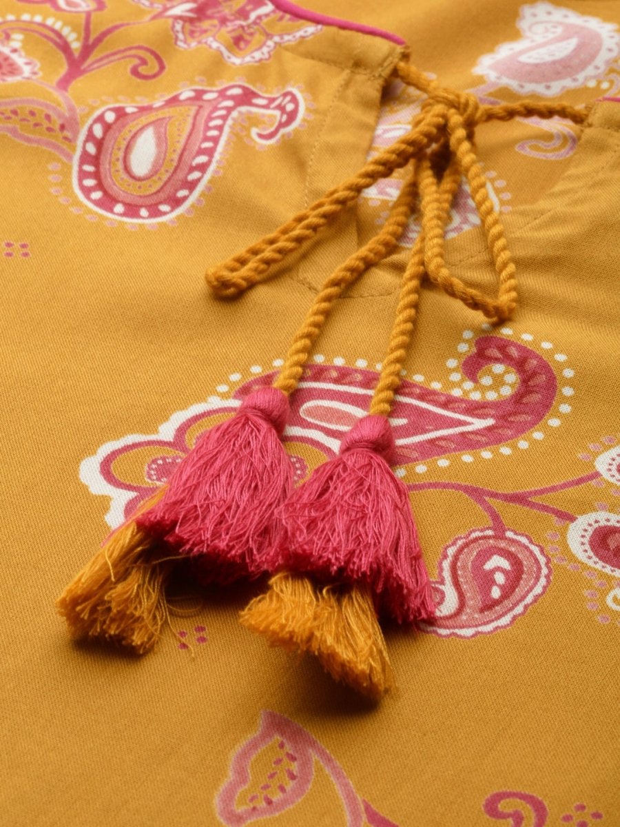 All About You Women Mustard Yellow Ethnic Motifs Printed Flared Sleeves Kurta | Grocsy