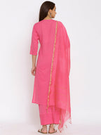 HERE&NOW Pink & Green Floral Embroidered Zari Work Kurta with Palazzos & Dupatta | Grocsy