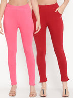 TAG 7 Set Of 2 Pink & Red Solid Leggings | Grocsy