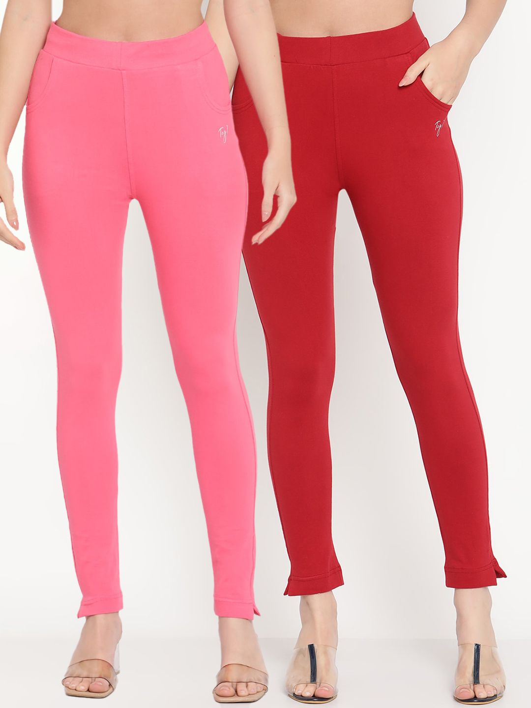 TAG 7 Set Of 2 Pink & Red Solid Leggings | Grocsy