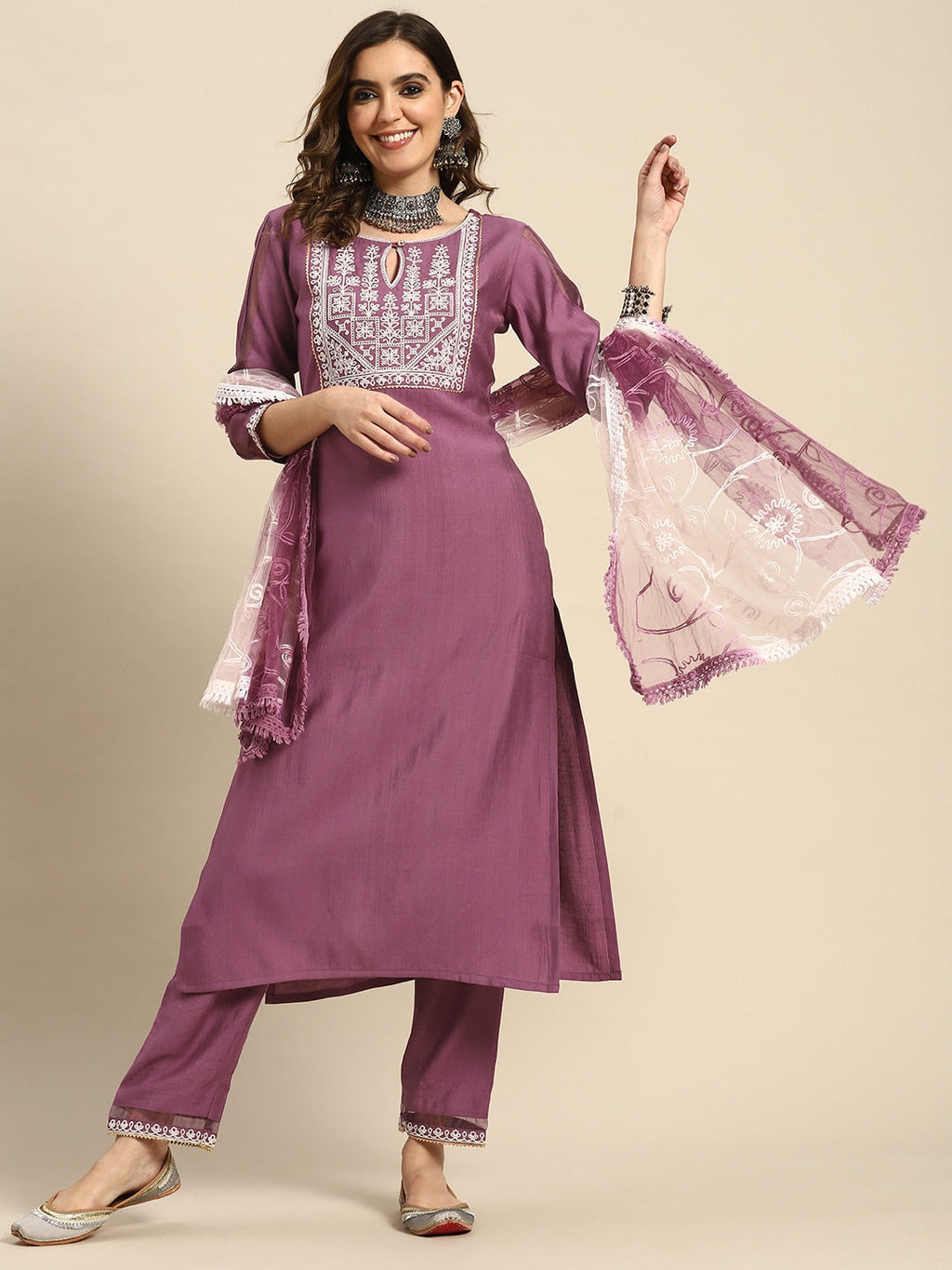 Sangria Women Embroidered Regular Thread Work Kurta with Trousers & With Dupatta | Grocsy