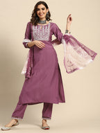 Sangria Women Embroidered Regular Thread Work Kurta with Trousers & With Dupatta | Grocsy