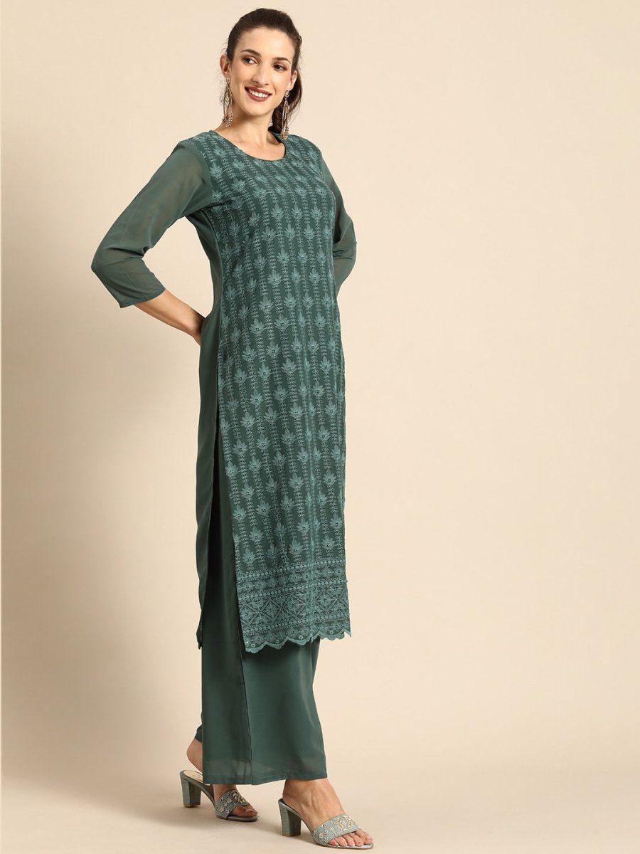 All About You Women Green Ethnic Motifs Embroidered Regular Chikankari Kurta with Palazzos | Grocsy
