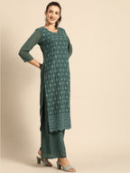 All About You Women Green Ethnic Motifs Embroidered Regular Chikankari Kurta with Palazzos | Grocsy