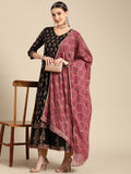 Sangria Women Black & Burgundy Ethnic Motifs Printed Mirror Work Anarkali Kurta | Grocsy