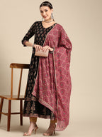 Sangria Women Black & Burgundy Ethnic Motifs Printed Mirror Work Anarkali Kurta | Grocsy