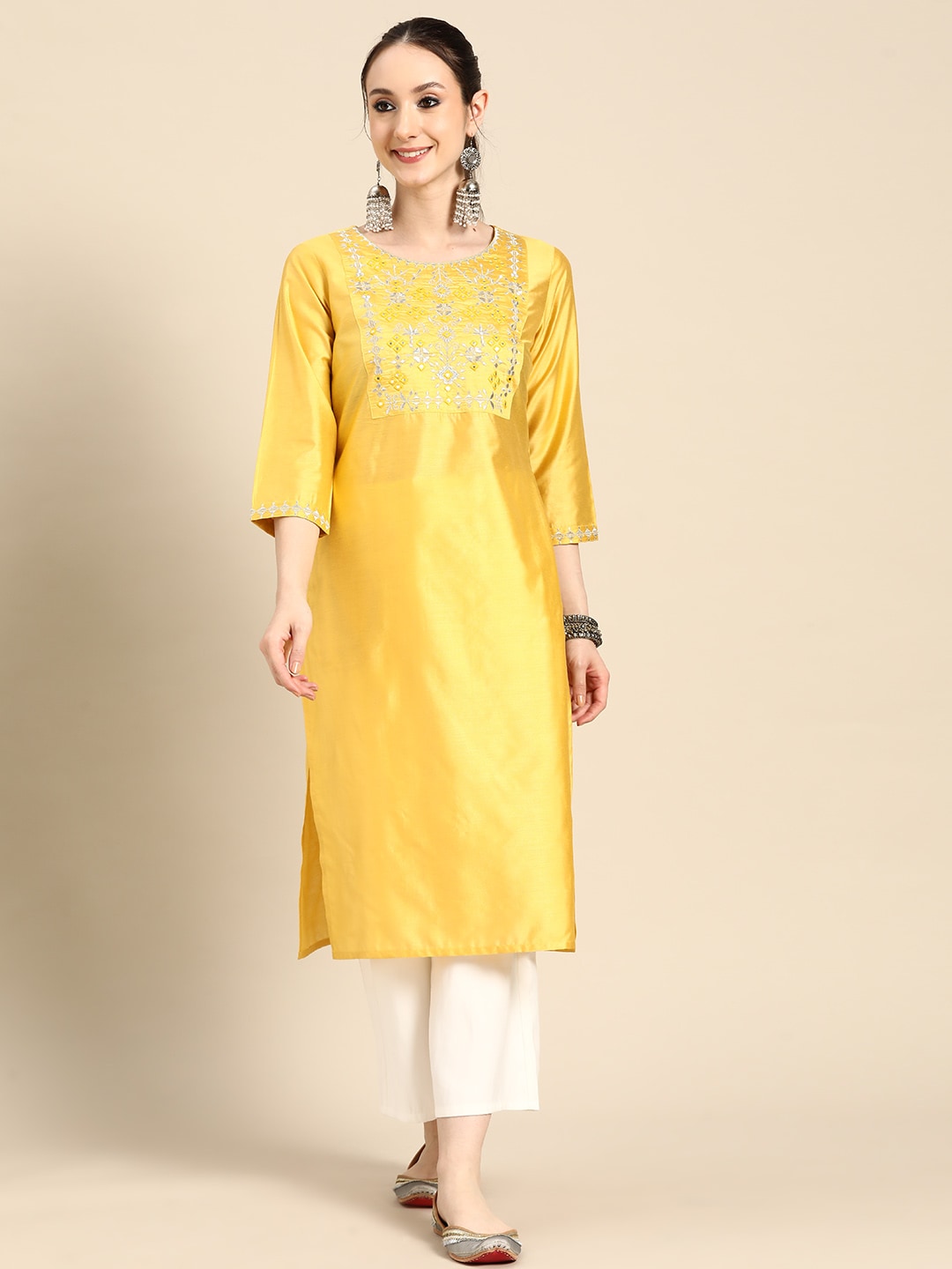 Sangria Women Ethnic Motifs Embroidered Mirror Work Pastels Kurta | Grocsy