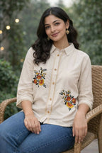 Teeya Creation Womens New Trendy Premium Cotton-Linen Off-White Fusion Shirt Kurti with Floral Embroidery | Grocsy