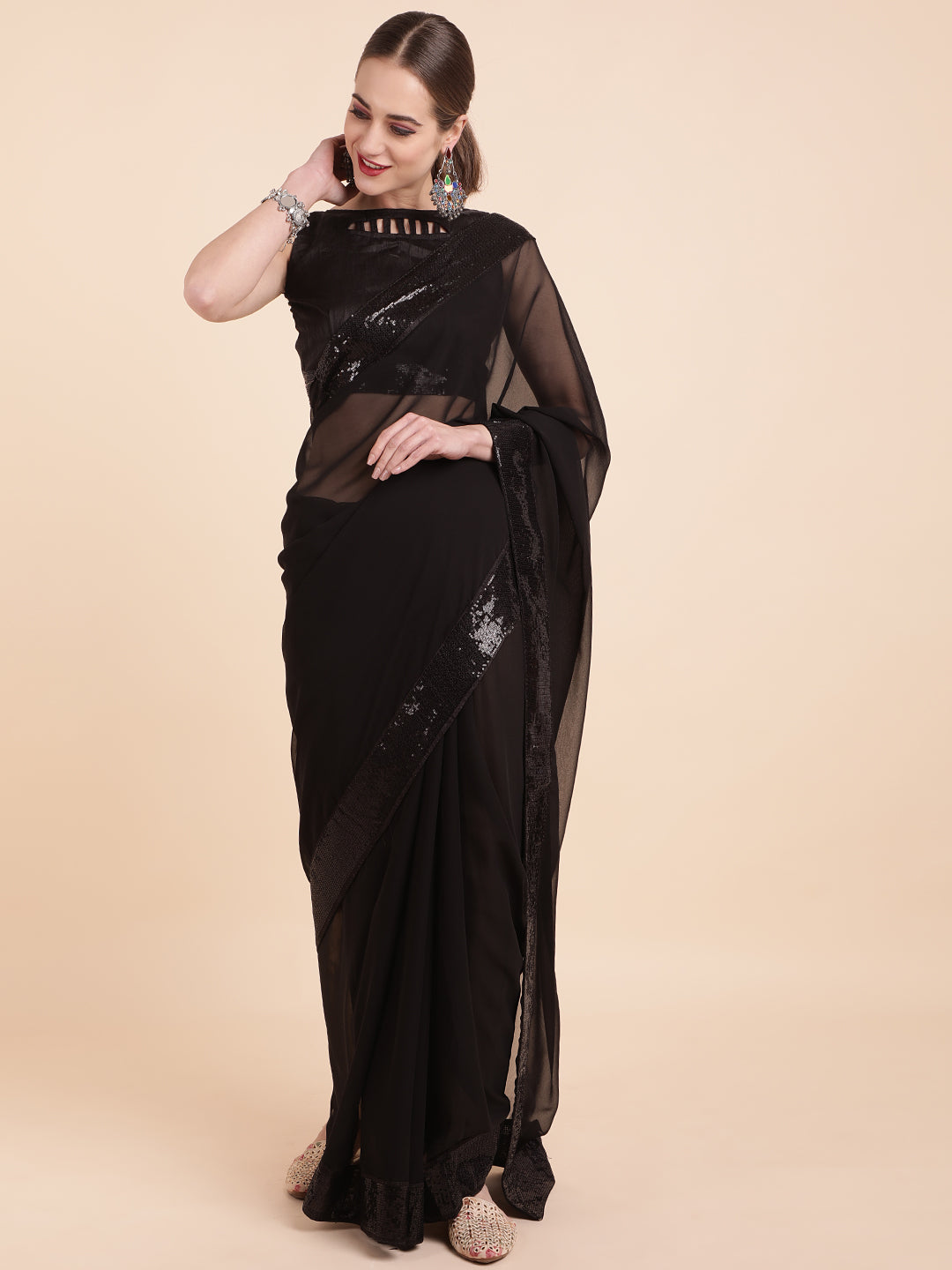Sangria Black Sequinned Pure Georgette Saree | Grocsy