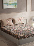 DDecor Grey & Maroon Ethnic Motifs 140 TC Cotton Queen Bedsheet with 2 Pillow Covers | Grocsy