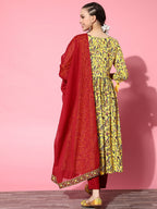 HERE&NOW Yellow & Red Ethnic Motifs Print Parade Anarkali Kurta with Trousers & Dupatta | Grocsy