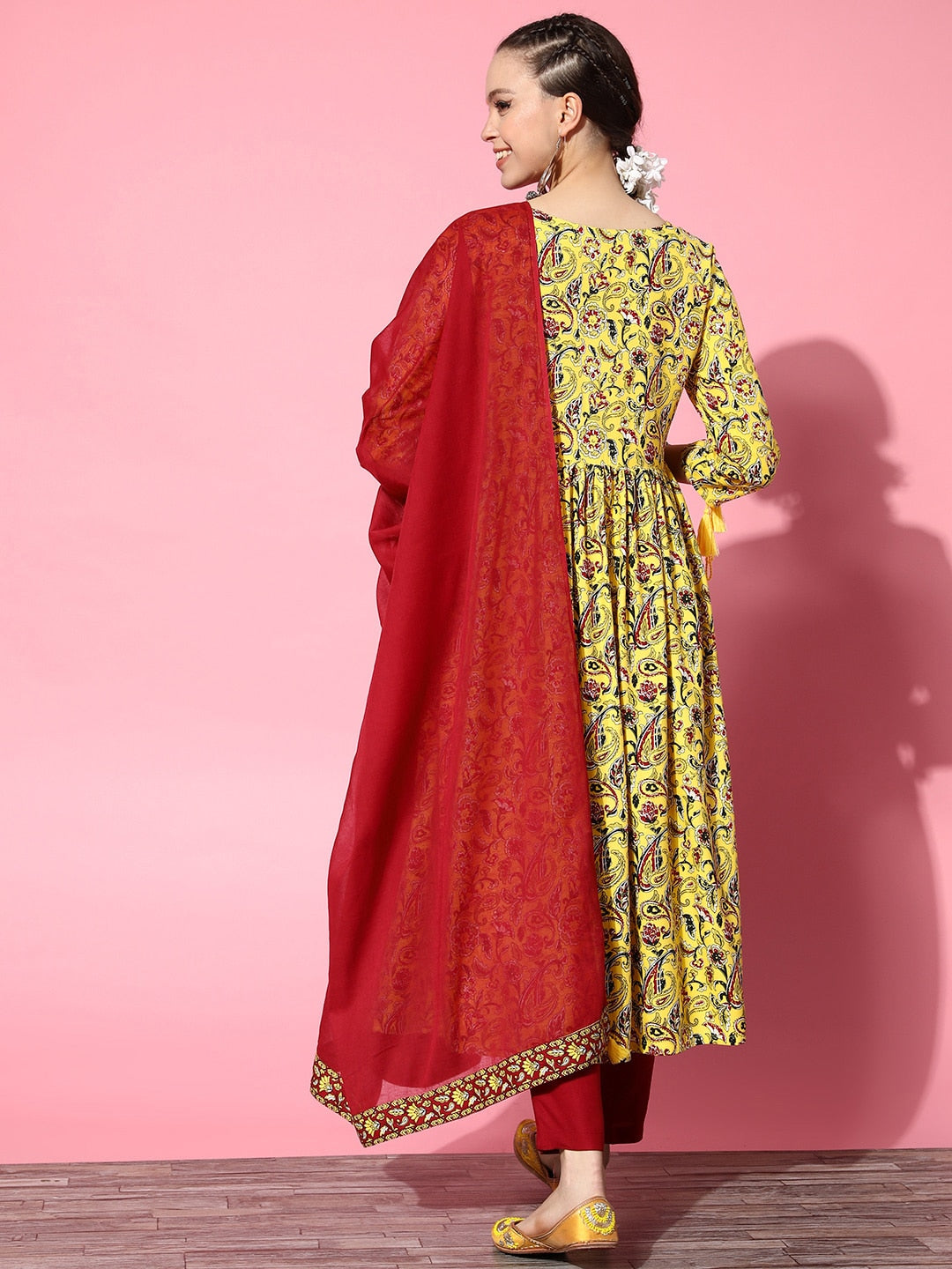 HERE&NOW Yellow & Red Ethnic Motifs Print Parade Anarkali Kurta with Trousers & Dupatta | Grocsy