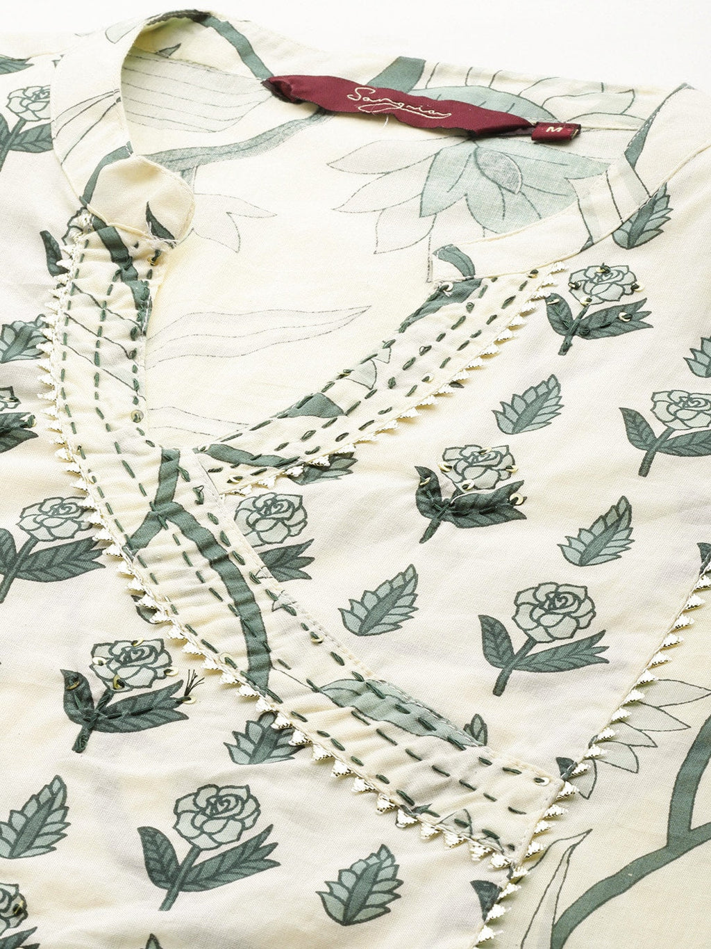 Sangria Floral Printed Angrakha Sequinned Pure Cotton Kurta With Trousers | Grocsy