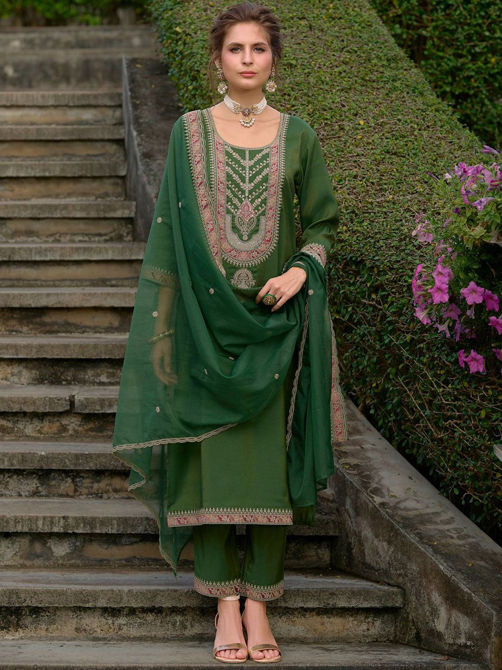 Indo Era Ethnic Motifs Yoke Design Straight Kurta with Trousers & Dupatta | Grocsy