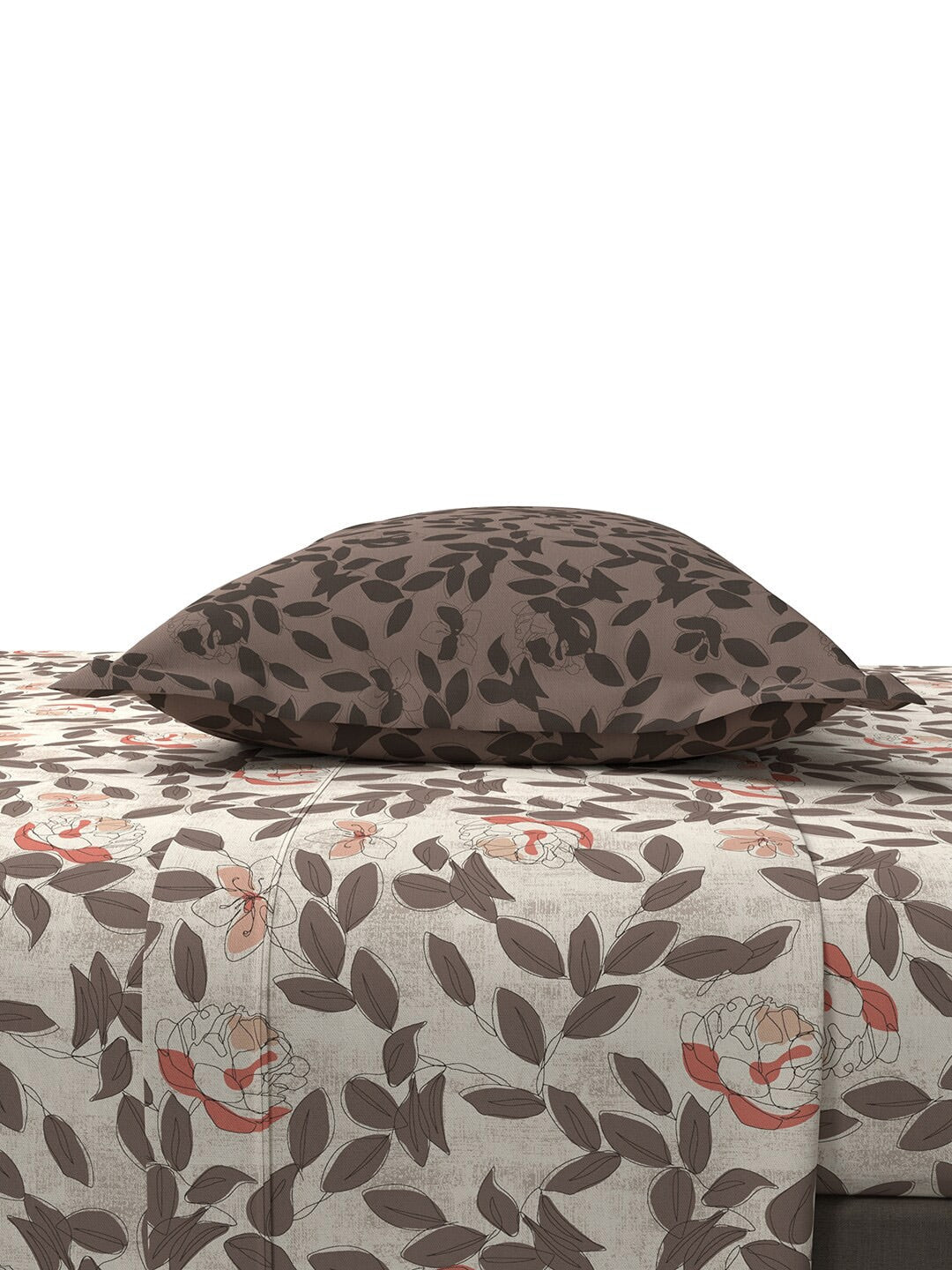 MYTRIDENT Brown White Floral Cotton 144 TC Queen Bedsheet With 2 Pillow Covers | Grocsy
