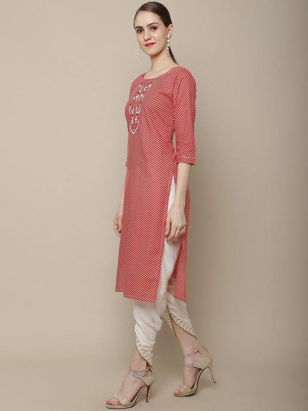 Sangria Women Red & White Cotton Checked Yoke Design Thread Work Kurta | Grocsy