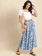 TAG 7 Women White & Blue Printed Pure Cotton Flared Palazzos | Grocsy
