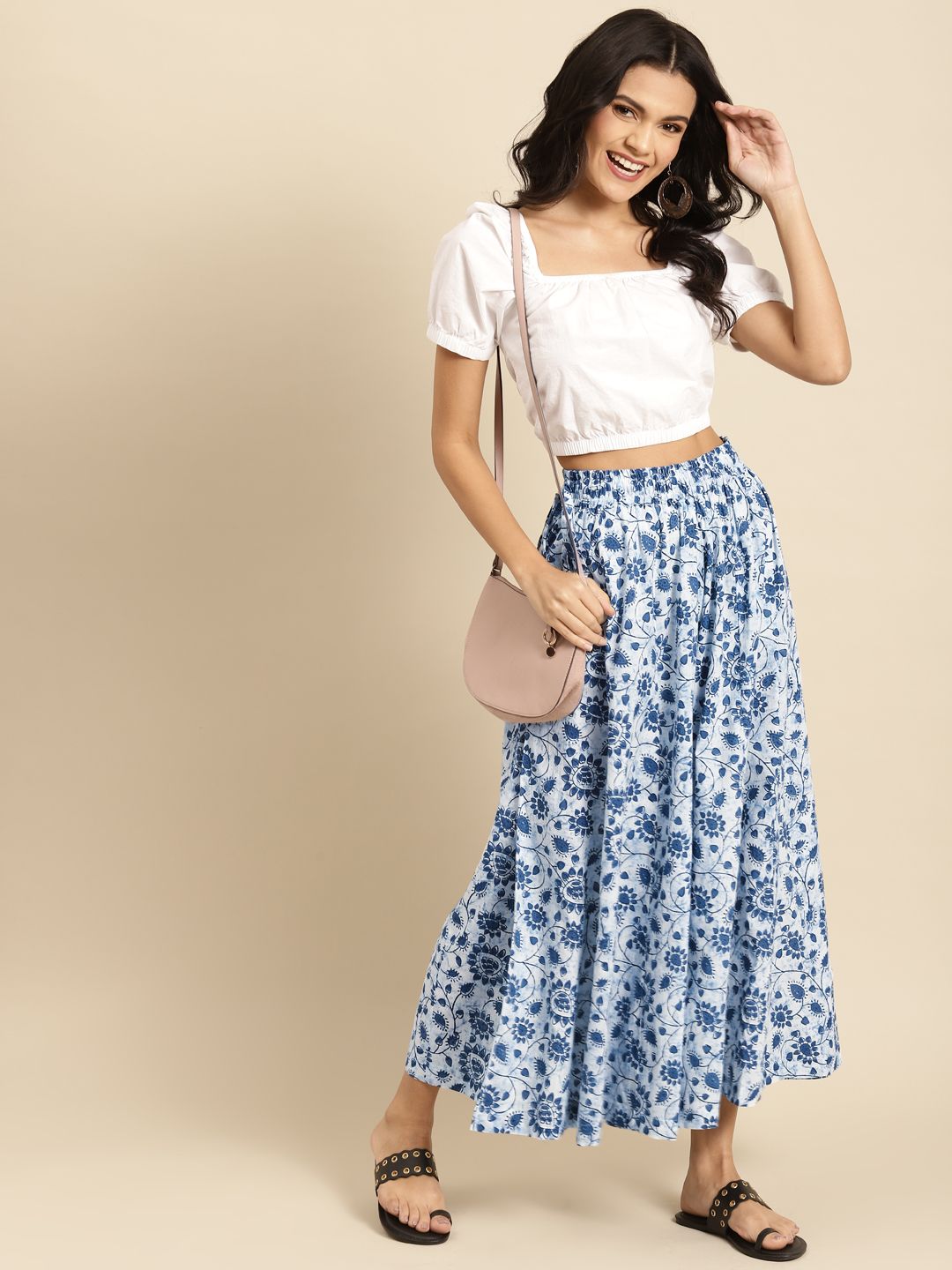 TAG 7 Women White & Blue Printed Pure Cotton Flared Palazzos | Grocsy