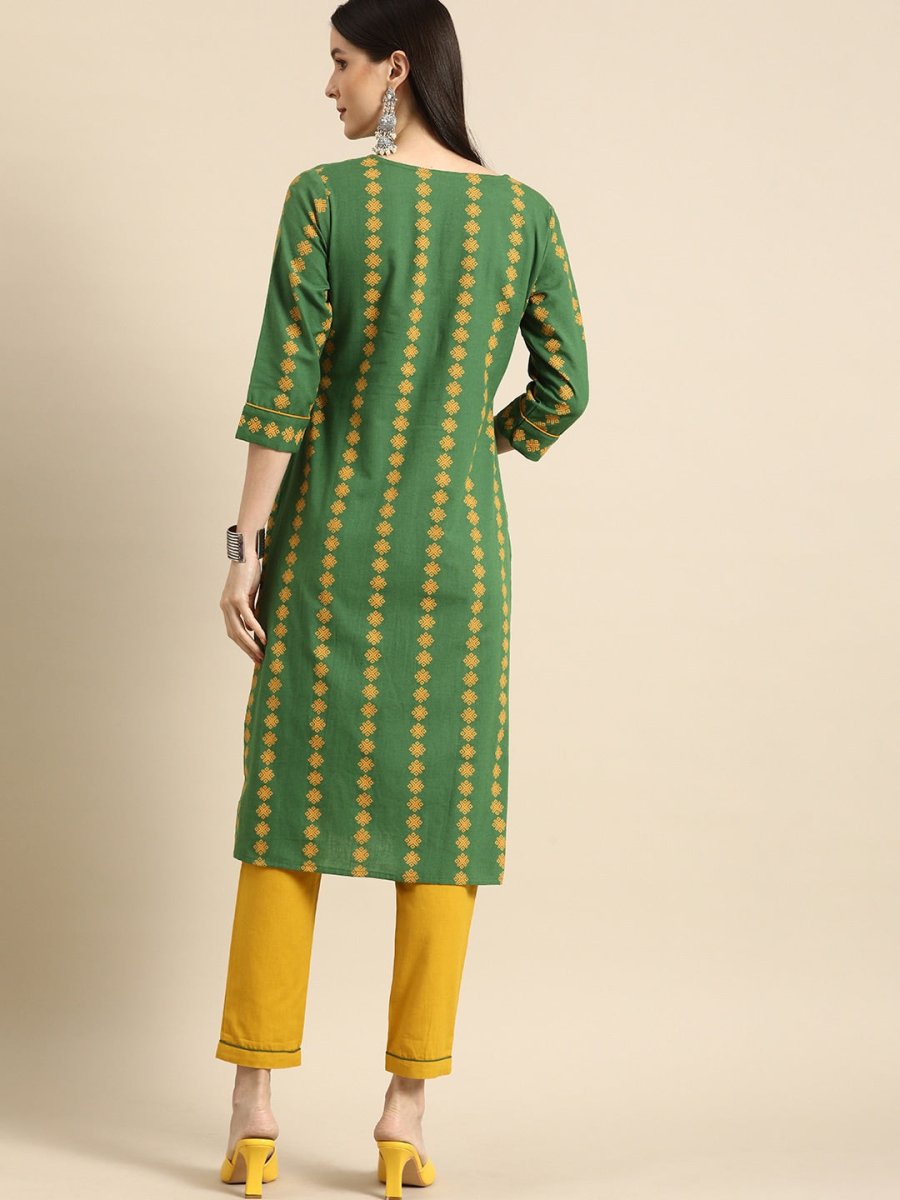 All About You Women Green Ethnic Motifs Printed Kurta with Mustard Yellow Trousers | Grocsy