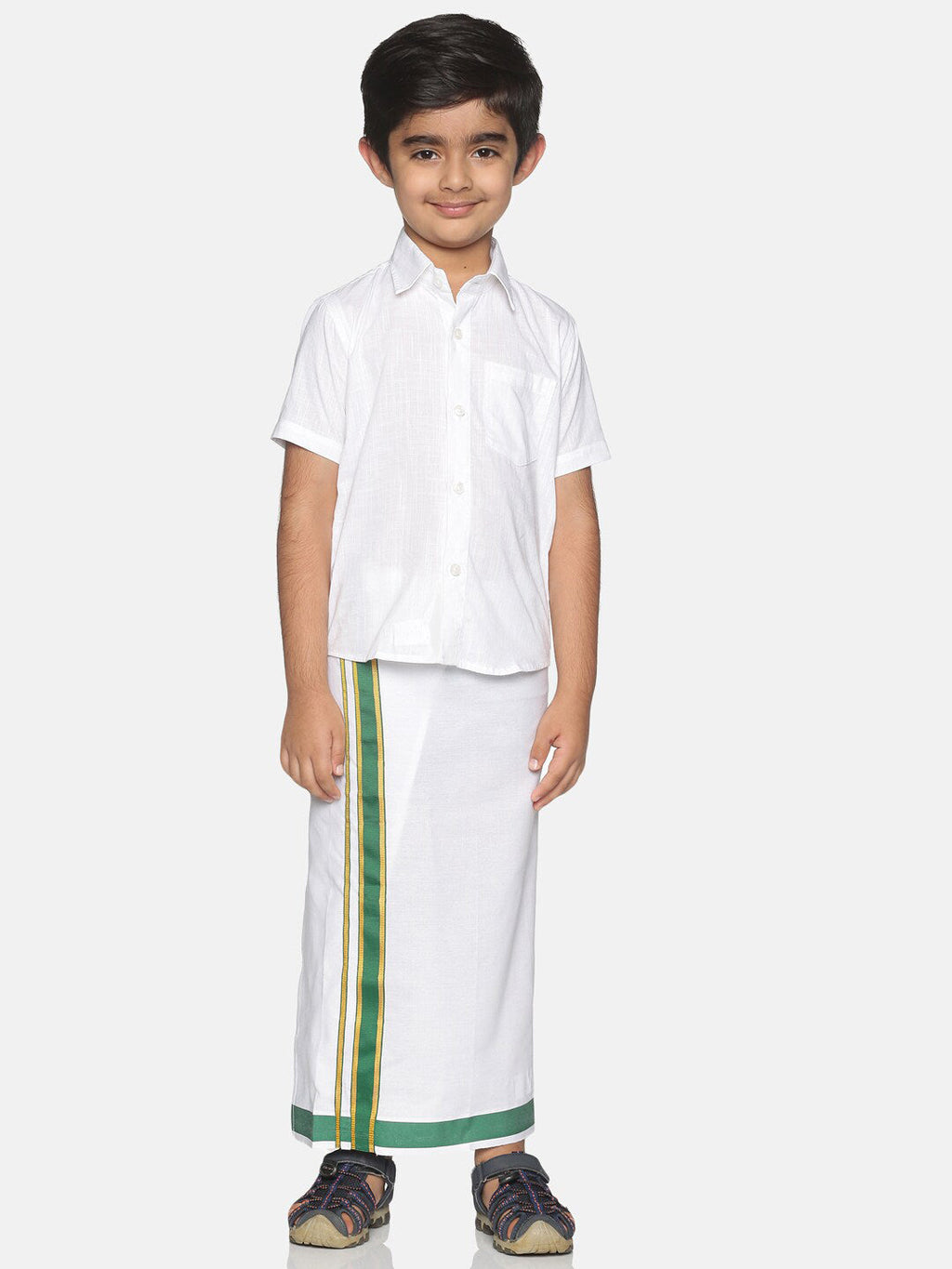 Sethukrishna Boys White & Green Pure Cotton Solid Shirt and Veshti Set | Grocsy