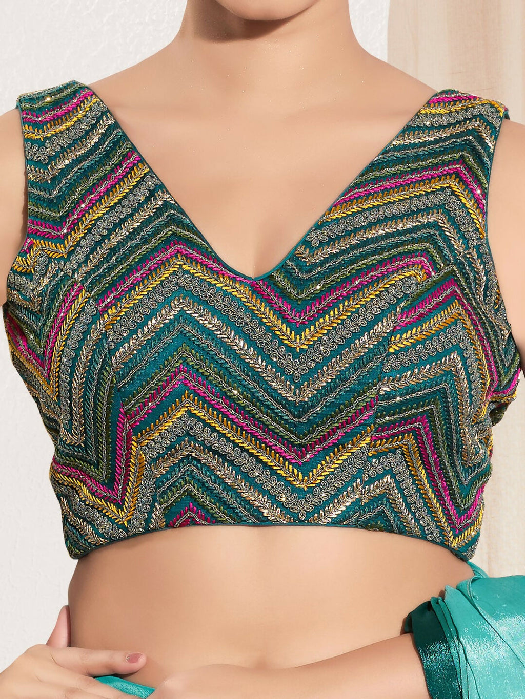 Joban Fashion Cobalt Blue Net Padded Blouse With V Neck Sleeveless | Grocsy