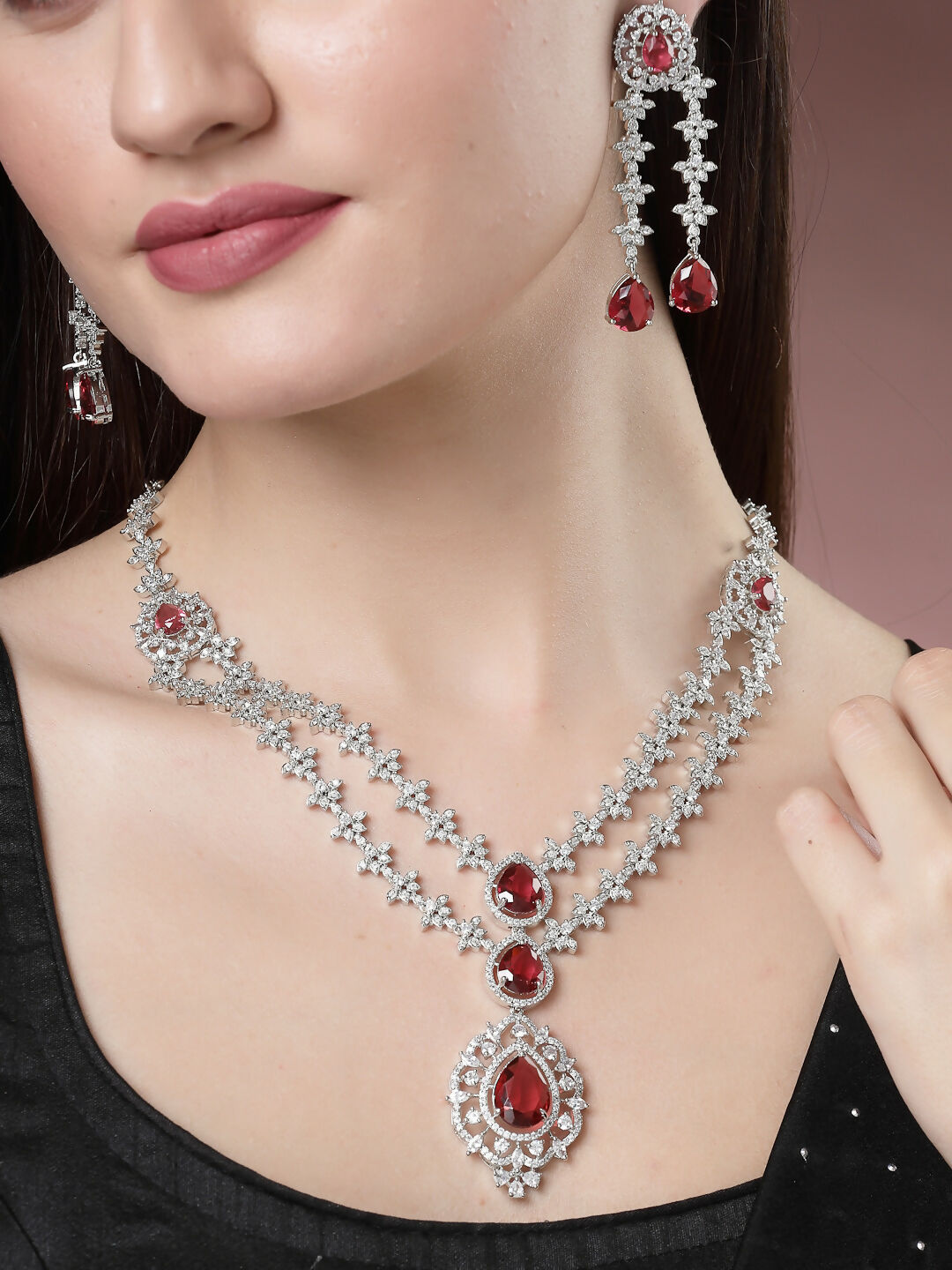 NVR Women's Silver-Plated Red CZ-Studded Handcrafted Jewellery Set | Grocsy