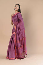 Very Much Indian Handloom Cotton Silk Maheshwari Saree With Sleek Golden Border - Maroon | Grocsy