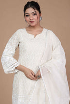Miravan Women's Chikankari Cream Kurti Palazzo With Dupatta | Grocsy