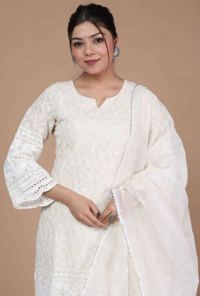 Miravan Women's Chikankari Cream Kurti Palazzo With Dupatta | Grocsy