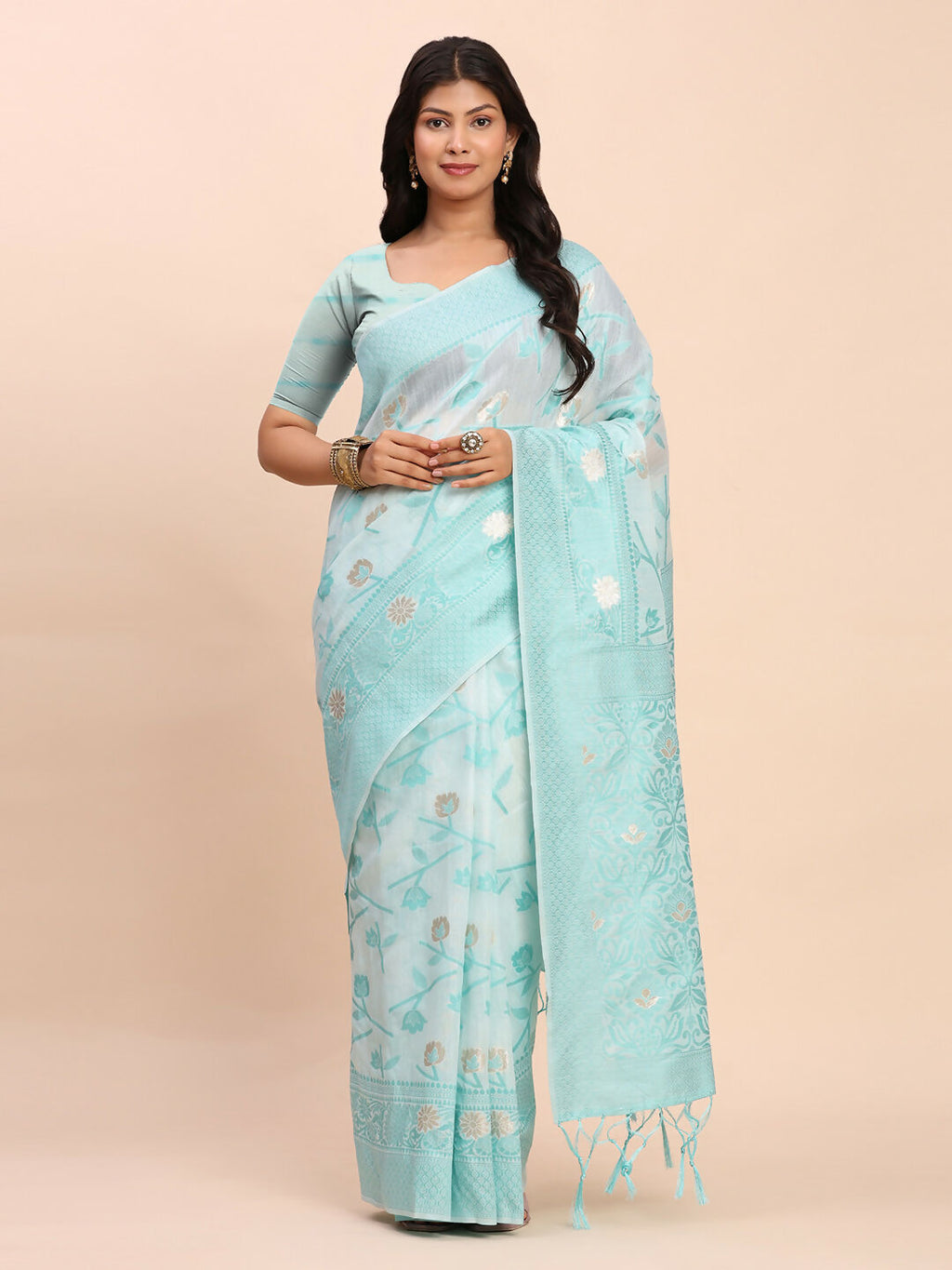 Shree Shyam Fashion Linen Cotton Sky Blue Saree | Grocsy