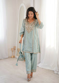 Teeya Creation Womens New Wedding Wear Sky Color With Mirror & Lace Work Kurta Pant Set | Grocsy