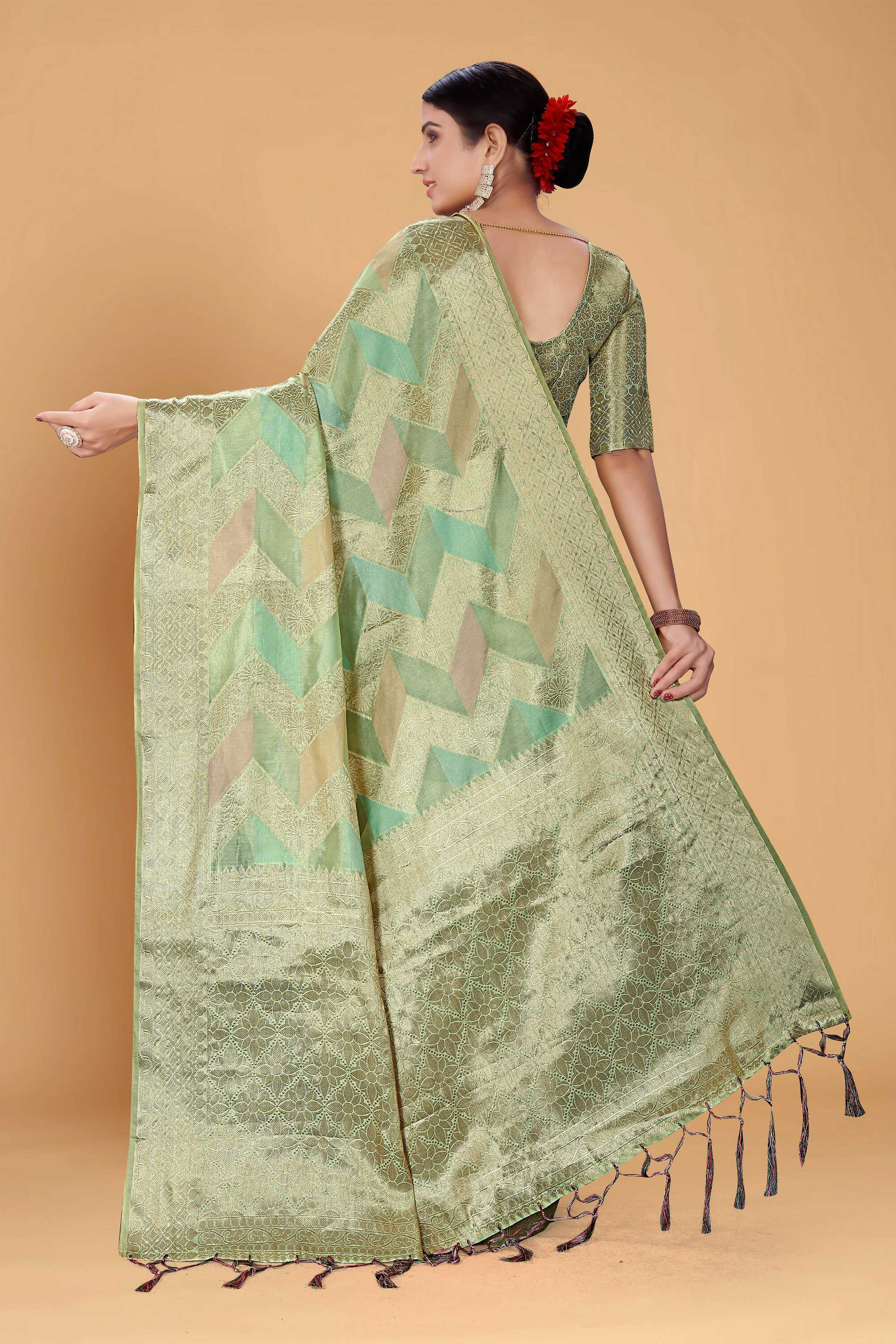 Sea Green Soft Organza Woven Design Saree With Unstitched Blouse Piece - Zaara | Grocsy