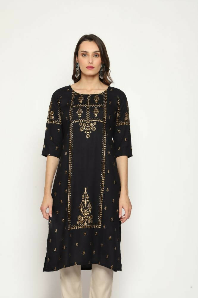 Maai Rayon Hand Printed Kurta Black | Grocsy