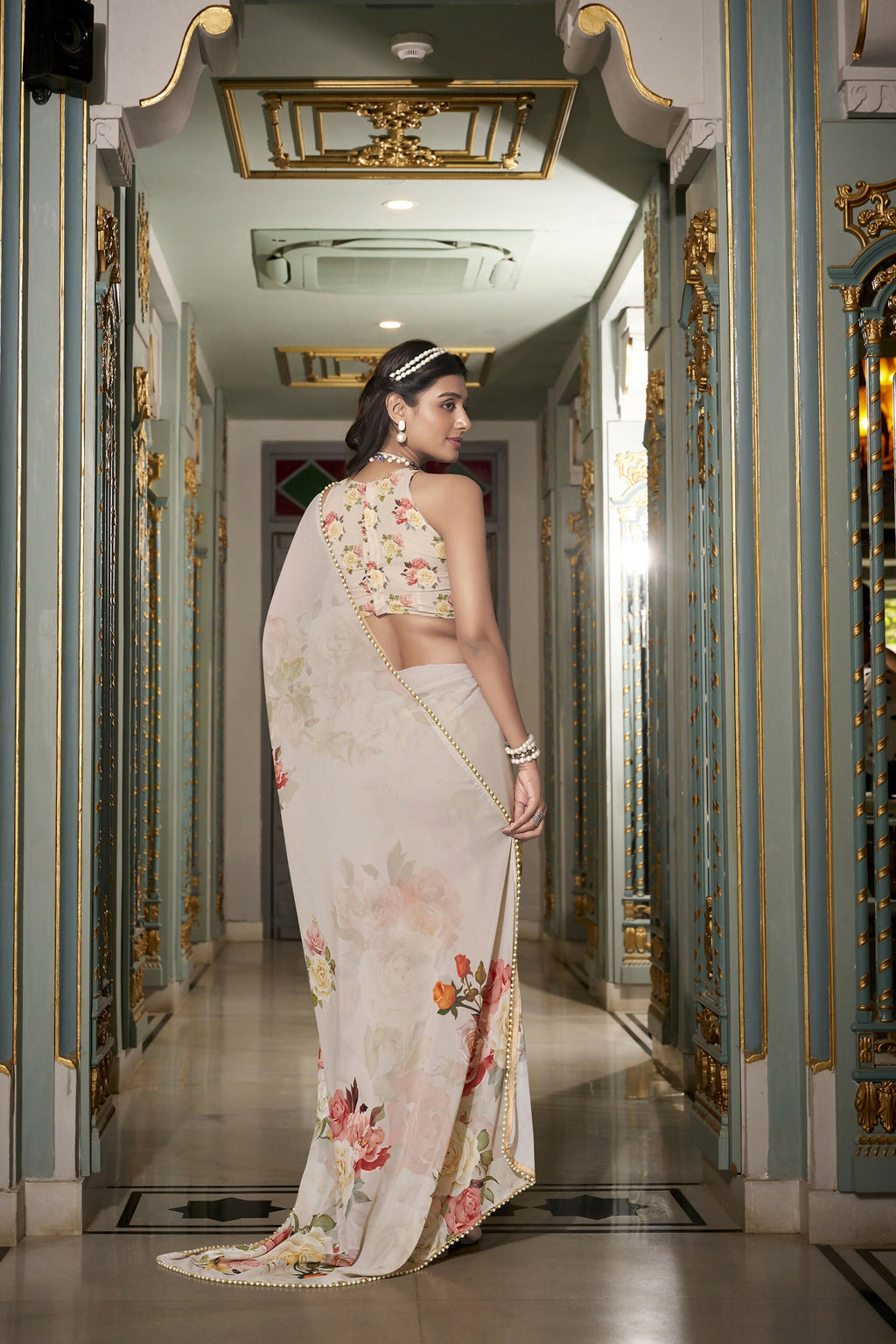 Vastranavya Off White Spectacular Georgette Printed with Pearl Lace Saree with Unstitched Blouse | Grocsy