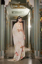 Vastranavya Off White Spectacular Georgette Printed with Pearl Lace Saree with Unstitched Blouse | Grocsy