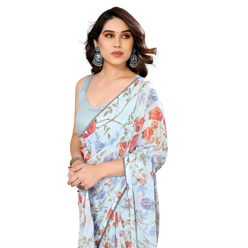 Women's Partywear Designer Sky blue Georgette Fancy Saree - Satrangi | Grocsy