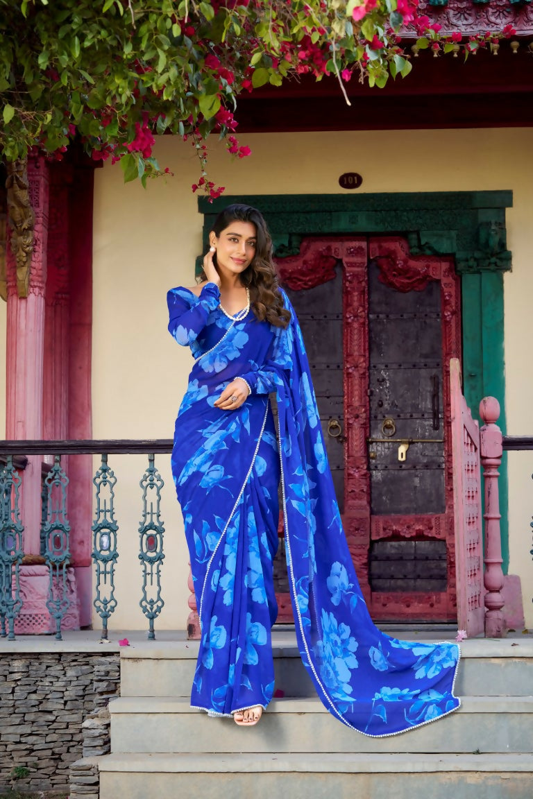 Vastranavya Blue Chiffon Floral Printed & Pearl Lace Border Saree with Unstitched Blouse | Grocsy