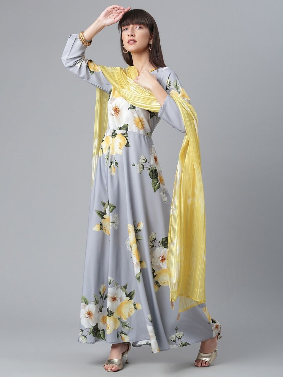 Ahalyaa Rayon Grey Digital Print Kurta With Dupatta Set | Grocsy