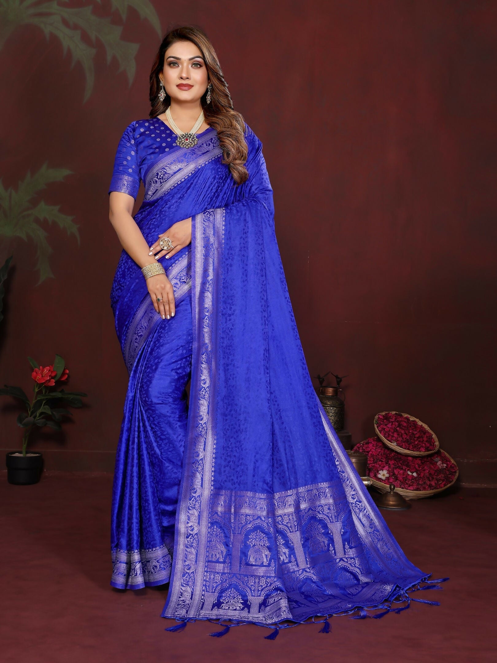 Anaita R Blue Zari Weaving Work Satin Silk Saree With Blouse | Grocsy