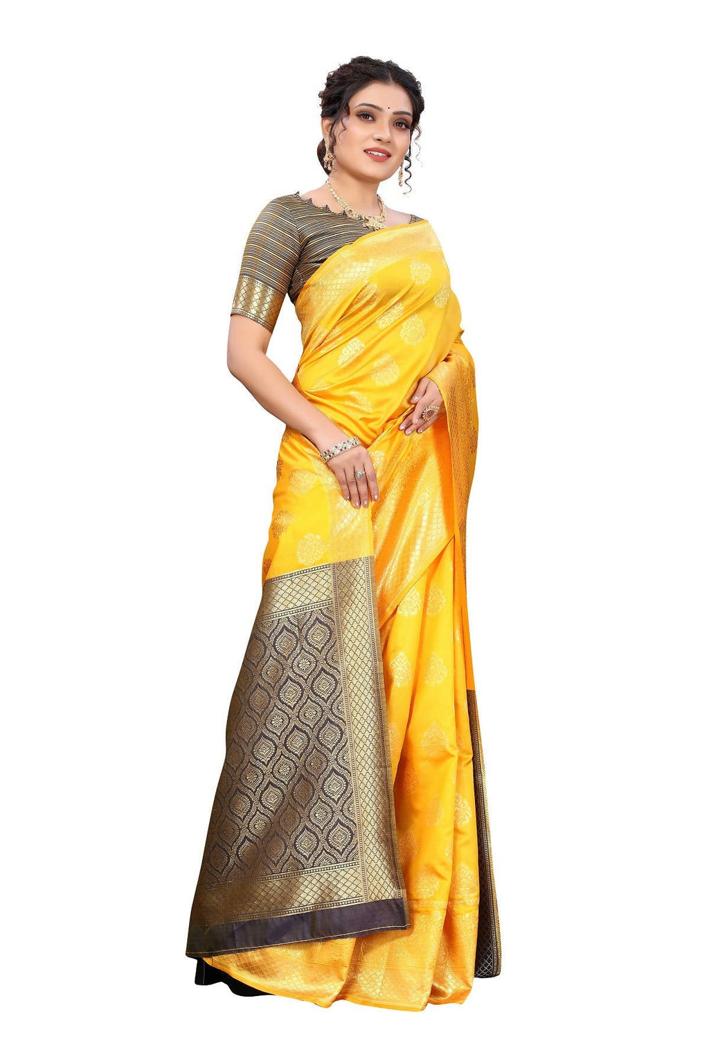 Vamika Ethnic Fire Yellow Weaving Banarasi Jacquard Saree | Grocsy