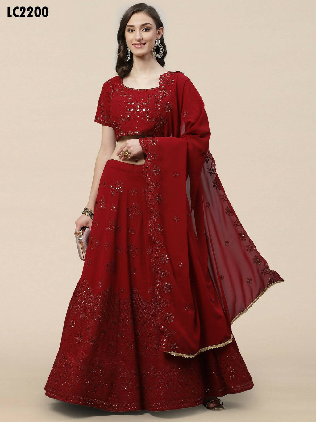 Maroon Georgette Thread with Sequins Embroidered work Lehenga Choli with Dupatta - Jivika | Grocsy