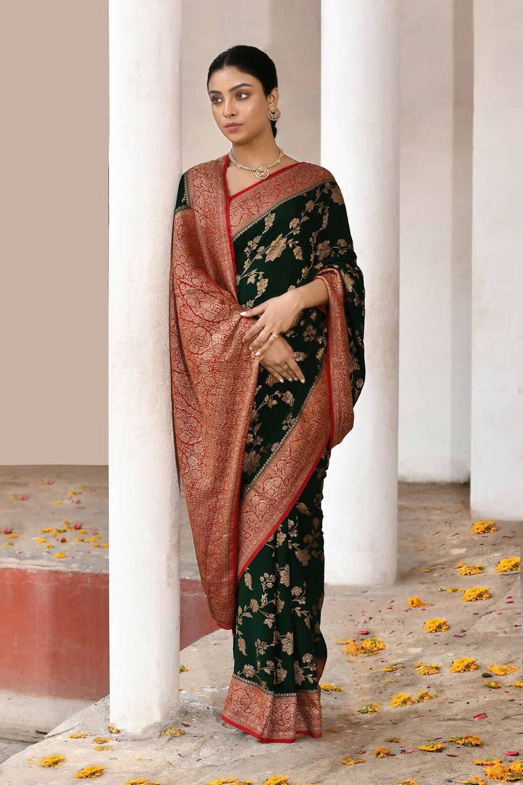 Joban Fashion Green Crepe Chiffon Pure Handloom Banarasi Silk Saree | Grocsy