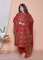 Miravan Women Floral Print Cotton Maroon Stitched Kurta Palazzo With Dupatta Set | Grocsy