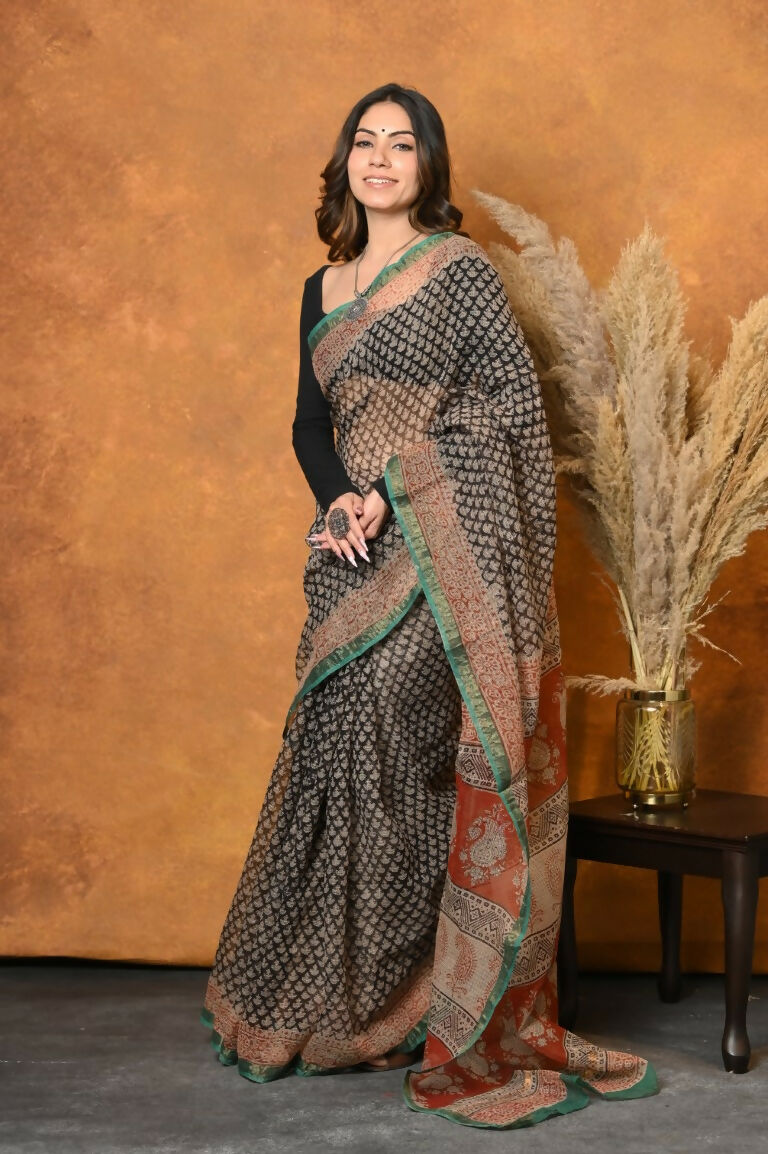 Very Much Indian Handloom Pure Kota Cotton Handblock Printed Saree - Cerulean Print | Grocsy