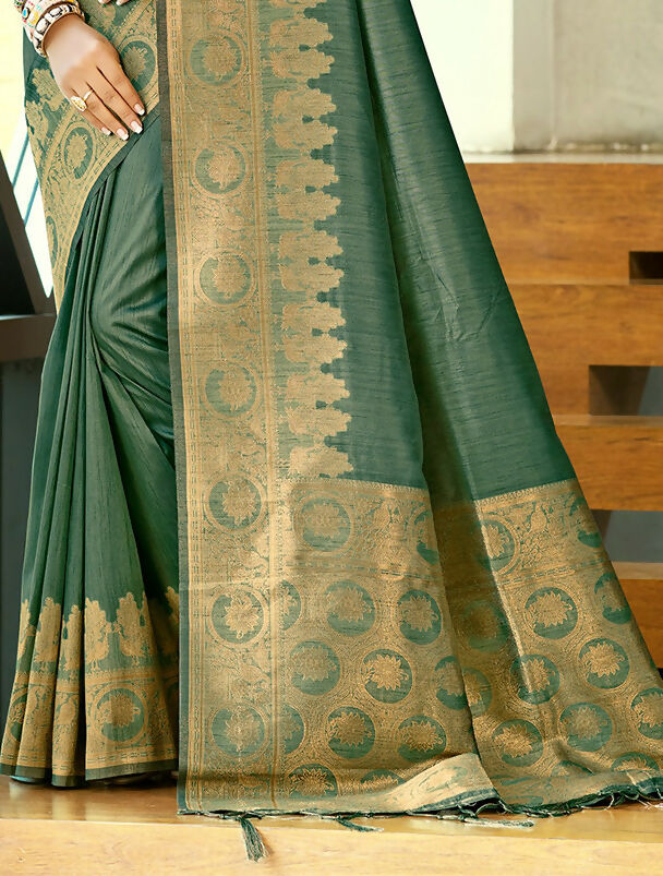 Sangam Prints Dark Green Assam Silk Woven Work Traditional Saree | Grocsy