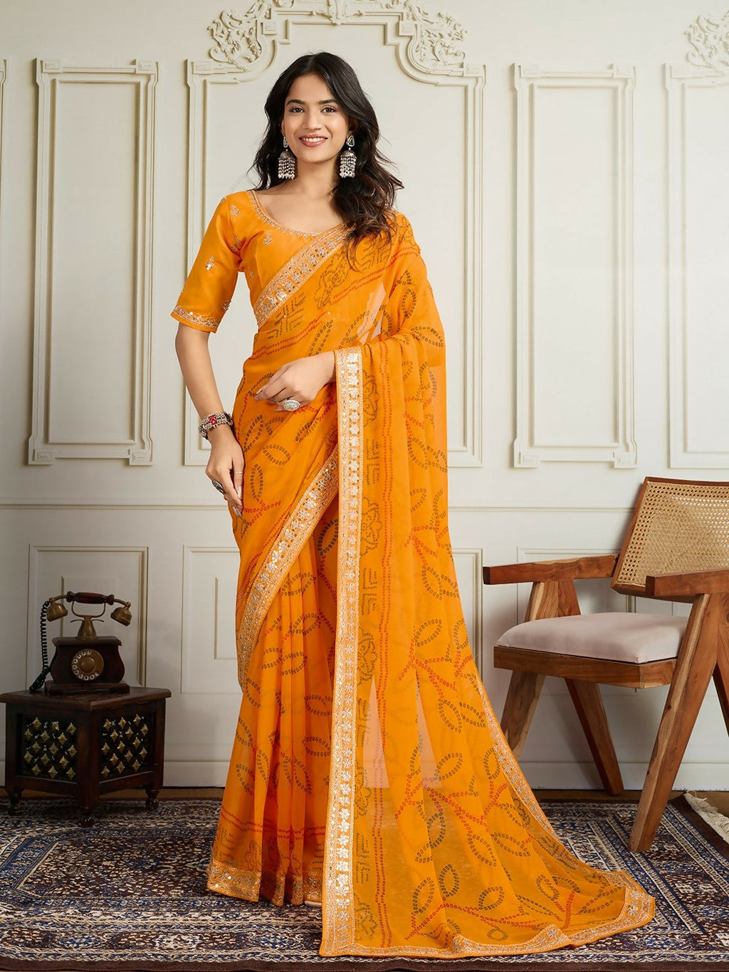 Ai Fashion Yellow Georgette Rajwadi Bandhani Print Party Wear Saree | Grocsy
