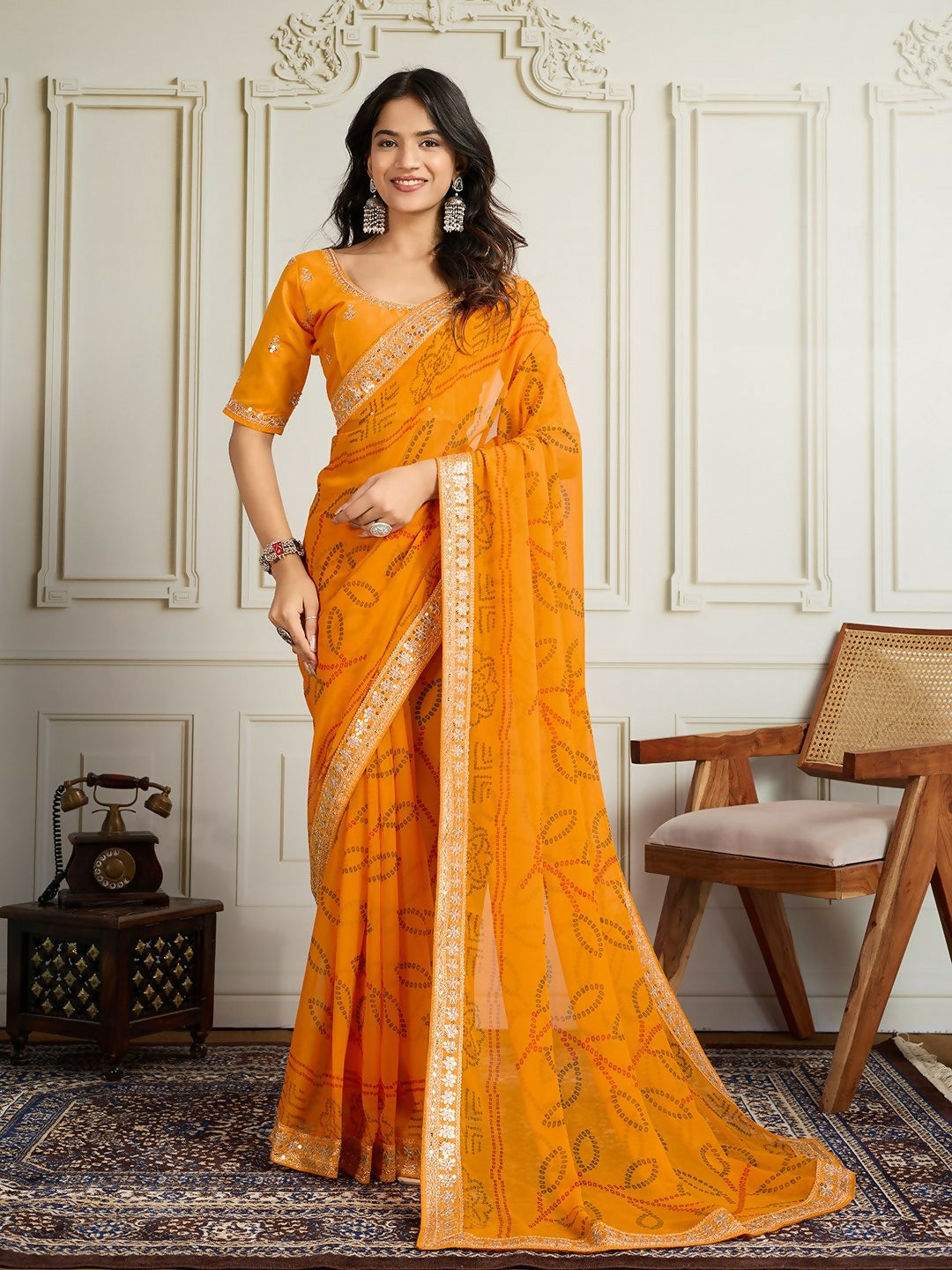 Ai Fashion Yellow Georgette Rajwadi Bandhani Print Party Wear Saree | Grocsy
